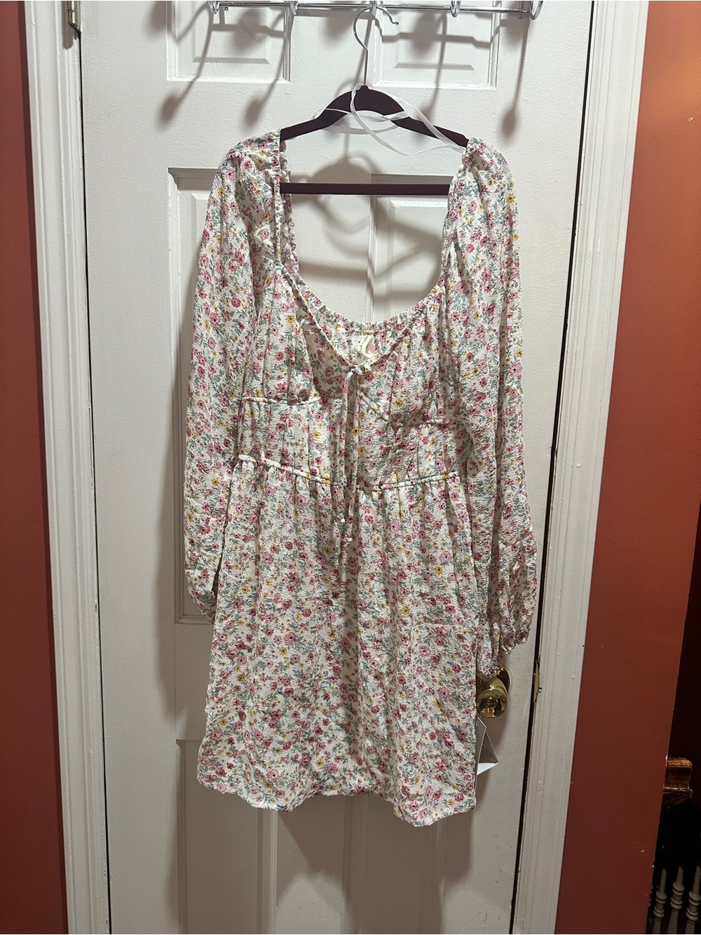 Kingston White Floral Long-Sleeve Mini Dress with Pink & Green Print
